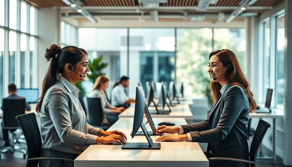 A modern customer service office with a warm, inviting atmosphere. In the foreground, a friendly representative in business attire assists a customer at a sleek, minimalist desk, their faces lit by the soft glow of computer screens. In the middle ground, other representatives work diligently, their expressions focused yet approachable. The background features floor-to-ceiling windows, allowing natural light to flood the space and create a sense of openness and transparency. The overall tone is one of professionalism, efficiency, and a genuine commitment to providing a positive customer experience.