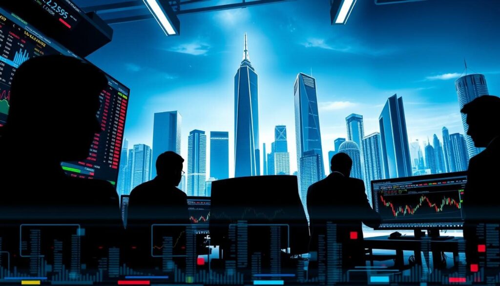 A modern, dynamic trading platform with various financial instruments and intuitive user interface. The foreground showcases stylized silhouettes of traders closely monitoring real-time market data on high-resolution displays, conveying a sense of focus and professionalism. The middle ground depicts sleek, branded trading charts and analytical tools, highlighting the platform's advanced capabilities. The background features a futuristic cityscape with towering skyscrapers, reflecting the global, technologically-driven nature of the financial markets. The lighting is bright, crisp, and directional, emphasizing the clarity and precision of the trading environment. The overall mood is one of confidence, competence, and the thrill of successful investing.