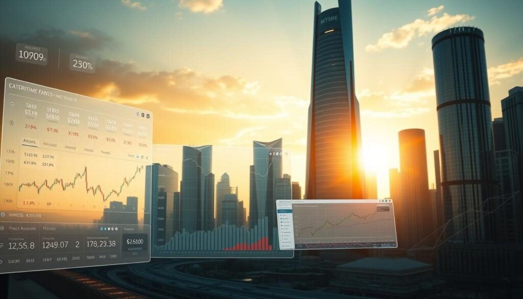 A modern, elegant trading platform interface with a clean, minimalist design. The foreground features a sleek dashboard displaying real-time stock prices, trading charts, and performance analytics. The middle ground showcases interactive tools like order entry forms, portfolio management widgets, and market news feeds. The background depicts a sophisticated, futuristic cityscape with towering skyscrapers and a vibrant, golden-hued sky. Dramatic lighting casts dramatic shadows, creating a sense of depth and drama. The overall mood is one of technological sophistication, financial power, and trading excellence.