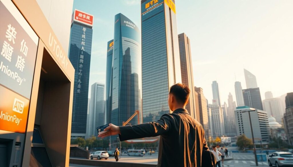 A modern financial hub filled with sleek, high-rise buildings. In the foreground, a person standing in front of an ATM machine, their hand outstretched with a UnionPay card, signifying seamless access to instant withdrawal solutions. The scene is bathed in warm, golden lighting, conveying a sense of efficiency and convenience. The middle ground features towering skyscrapers adorned with neon signage, representing the cutting-edge technology and innovation of the financial district. In the background, a vibrant cityscape stretches out, with bustling streets and a clear, azure sky, evoking an atmosphere of progress and prosperity.