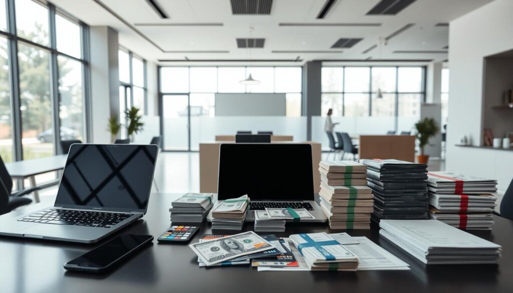 A modern financial office interior with a prominent desk showcasing various deposit and withdrawal methods. The foreground features a laptop, mobile phone, and credit/debit cards representing online banking and electronic payment options. In the middle ground, there are stacks of cash, checks, and bank transfer documents, conveying traditional banking methods. The background depicts sleek, minimalist office decor with large windows allowing natural light to stream in, creating a professional and trustworthy atmosphere. The scene is captured with a wide-angle lens to encompass the full scope of the financial services on display.