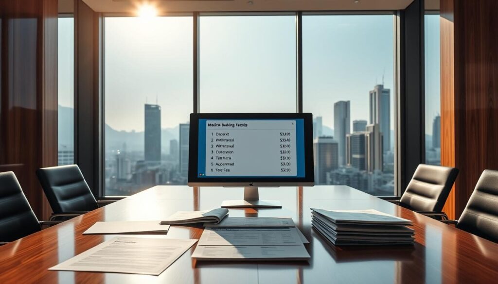 A modern financial office interior with an elegant glass-walled conference room. The room is bathed in warm, natural light filtering through large windows. On the central table, a variety of Mexican banking and finance documents are neatly arranged, including a detailed breakdown of deposit and withdrawal fees. A sleek, minimalist computer monitor displays a well-designed interface showcasing the fees. In the background, the skyline of a vibrant Mexican city can be seen through the windows, emphasizing the local context. The overall atmosphere conveys professionalism, transparency, and the importance of understanding banking costs for forex traders in Mexico.
