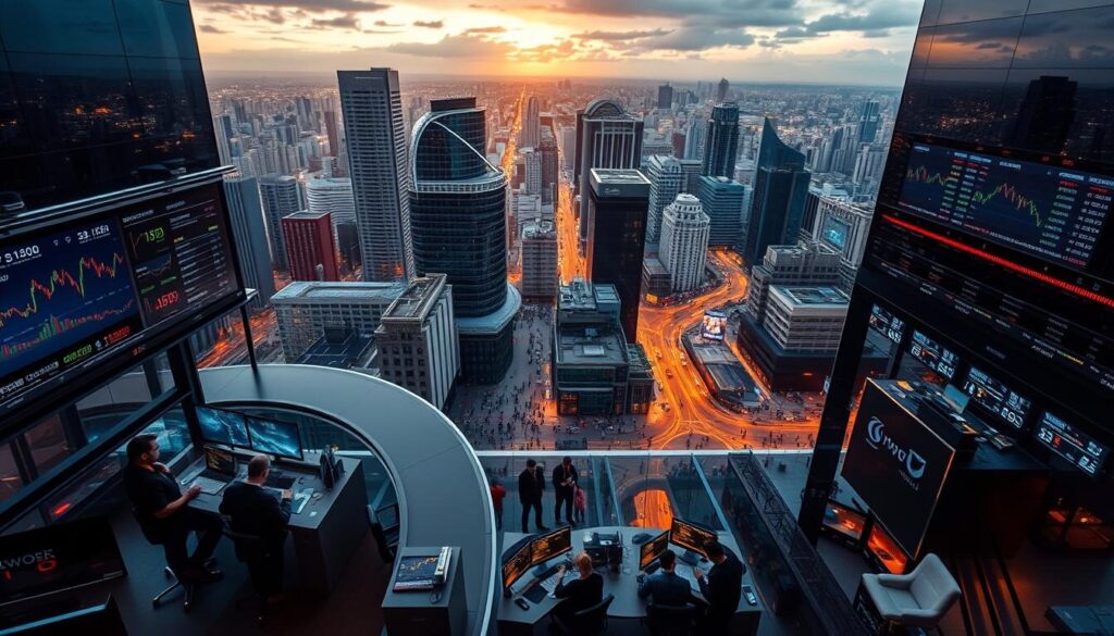 A modern high-rise cityscape featuring the bustling financial district of São Paulo, Brazil. In the foreground, a sleek, glass-paneled trading platform with elegant ergonomic workstations and sophisticated digital displays showcasing real-time market data. In the middle ground, a diverse crowd of traders and analysts intently focused on their screens, making rapid-fire decisions. In the background, a panoramic view of the iconic skyscrapers and busy streets, bathed in the warm glow of a golden hour sunset. The scene conveys a sense of energy, innovation, and the cutting-edge of Brazil's thriving financial markets.