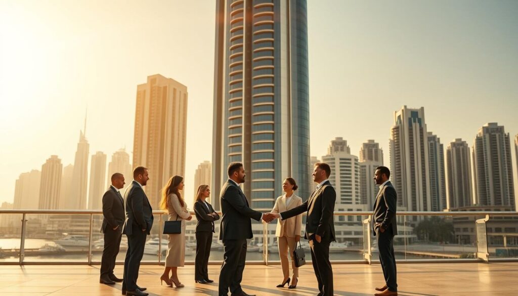 A modern, high-rise office building against a backdrop of the iconic Dubai skyline, bathed in warm, golden sunlight. In the foreground, a group of professional investors and financial advisors shaking hands, conveying a sense of trust and security. Sleek, minimalist design elements evoke an atmosphere of stability and reliability. The image projects an aura of investor protection and oversight, central to the financial landscape of the United Arab Emirates.
