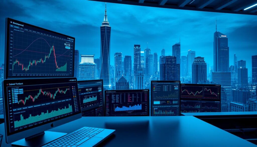 A modern, high-tech trading platform with multiple dynamic data visualizations and interactive tools. In the foreground, a sleek user interface with real-time market charts, order execution panels, and customizable widgets. In the middle ground, a variety of analytical tools such as risk management dashboards, economic calendars, and portfolio management interfaces. The background depicts a cityscape with towering skyscrapers, symbolizing the global scale of financial markets. The scene is illuminated by cool, blue-tinted lighting, conveying a sense of precision, efficiency, and professionalism essential for successful Forex trading.
