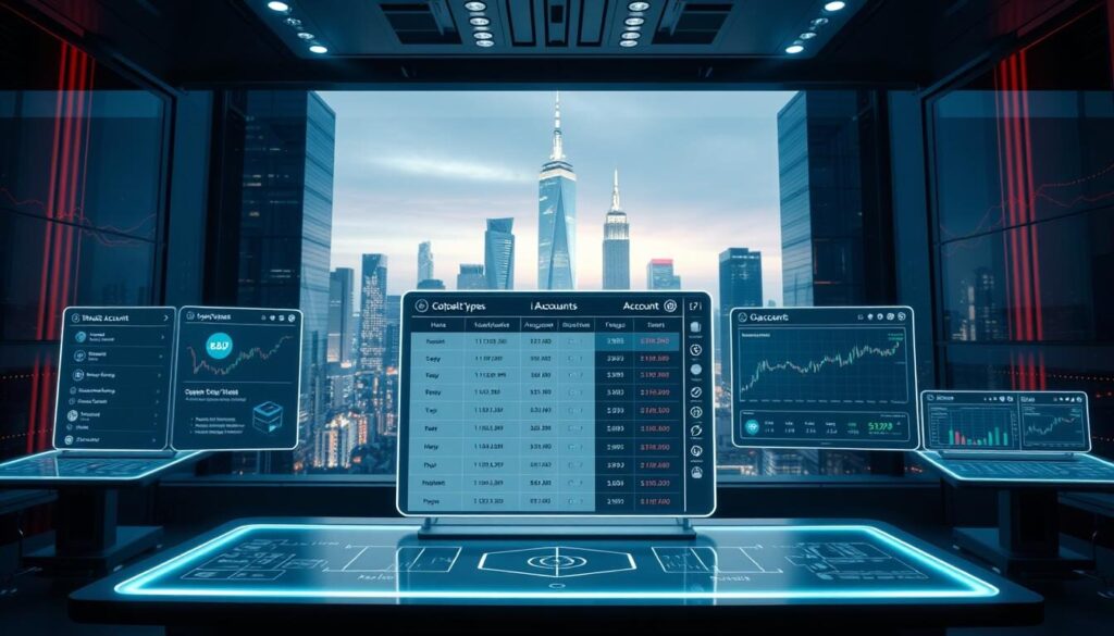 A modern, high-tech trading platform with various account types displayed on sleek, holographic displays. The foreground shows a stylized comparison of trading accounts, with icons and data visualizations highlighting key features. The middle ground features a clean, minimalist interface with customizable charts, order books, and analytical tools. The background showcases a futuristic cityscape with skyscrapers, neon lights, and a sense of technological advancement. The lighting is a cool, blue-tinted tone, creating a professional and authoritative atmosphere. The camera angle is slightly elevated, giving an overview of the complete trading experience.
