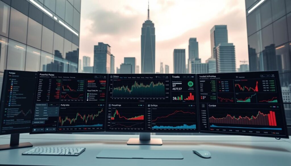 A modern, high-tech trading terminal with intuitive interfaces and cutting-edge analytics tools. In the foreground, a sleek dashboard displays real-time market data, advanced charting capabilities, and automated trading strategies. The middle ground showcases a range of customizable indicators, risk management features, and order execution panels. The background depicts a cityscape of towering skyscrapers, hinting at the global scale and sophistication of the forex markets. Subtle lighting casts a professional, authoritative atmosphere, while the clean, minimalist design conveys a sense of control and efficiency essential for successful independent forex trading.