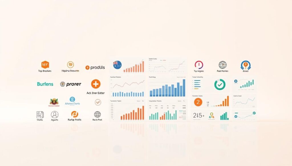 A modern, minimalist comparison of leading forex brokers, showcased against a clean, white background. In the foreground, crisp icons and logos representing top Nigerian brokers, meticulously arranged in a grid layout. The midground features well-crafted charts, graphs, and performance metrics, inviting the viewer to explore the nuances of each broker's offering. The background gently fades into a soft, neutral gradient, creating a sense of focus and clarity. Subtle reflections on a glossy surface add depth and sophistication. Warm, balanced lighting accentuates the professional, trustworthy atmosphere. The overall composition conveys an informative, data-driven comparison of the best forex brokers for the Nigerian market.