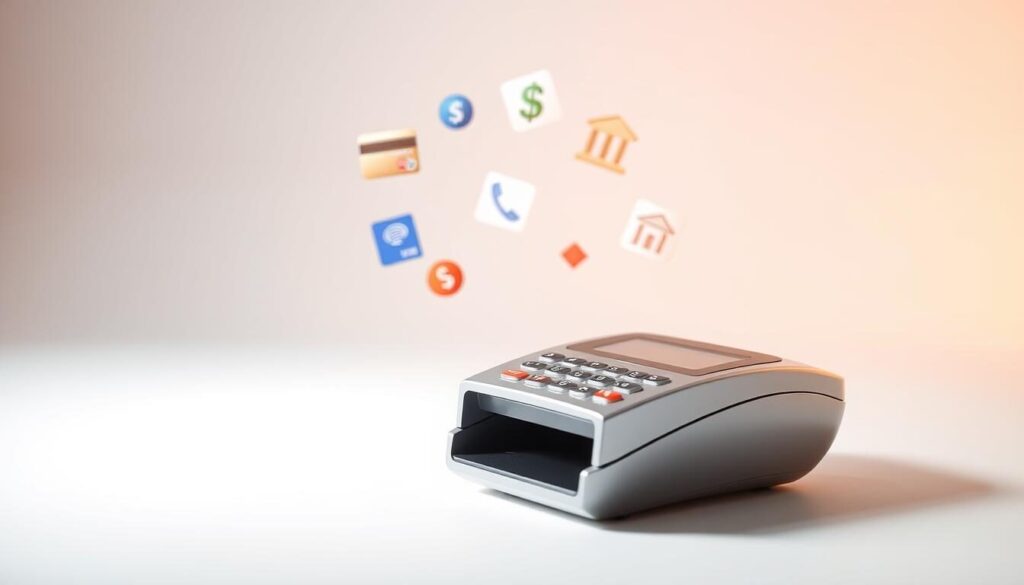 A modern, minimalist composition showcasing different Forex deposit and withdrawal methods. In the foreground, a sleek, silver metal card reader sits atop a clean, white surface, casting soft shadows. In the middle ground, various payment icons - credit cards, e-wallets, bank transfers - float weightlessly, their colors and shapes subtly blending. The background is a serene gradient, hinting at the digital landscape of online Forex trading. Warm, diffused lighting creates a sense of sophistication and professionalism, while the overall layout maintains a balanced, elegant aesthetic.