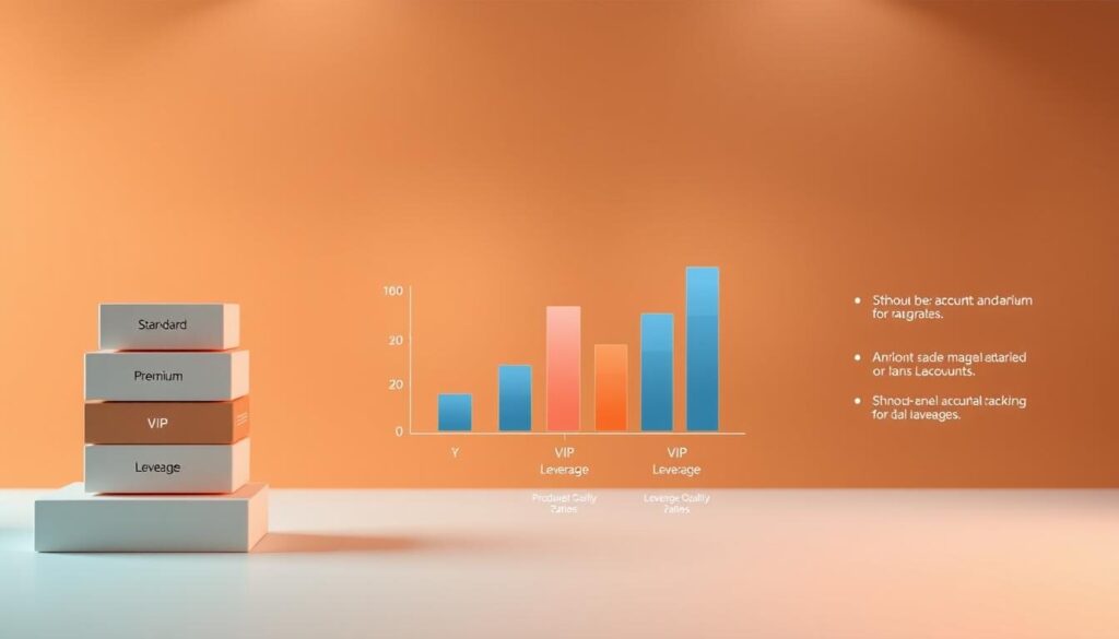 A modern, minimalist financial infographic depicting various account types and leverage options. The foreground features a clean, geometric layout with stacked blocks representing different account tiers - standard, premium, and VIP. Each block has a distinct color scheme and subtle icons to denote the account features. The middle ground showcases a central bar chart illustrating leverage ratios, with clear labeling and gradients to denote the leverage scale. The background is a soft, blurred gradient in a warm, earthy palette, creating a professional, high-quality aesthetic. Subtle light sources cast gentle shadows, adding depth and dimension to the composition. The overall mood is informative, elegant, and visually engaging, designed to effectively communicate the key concepts of account types and leverage.