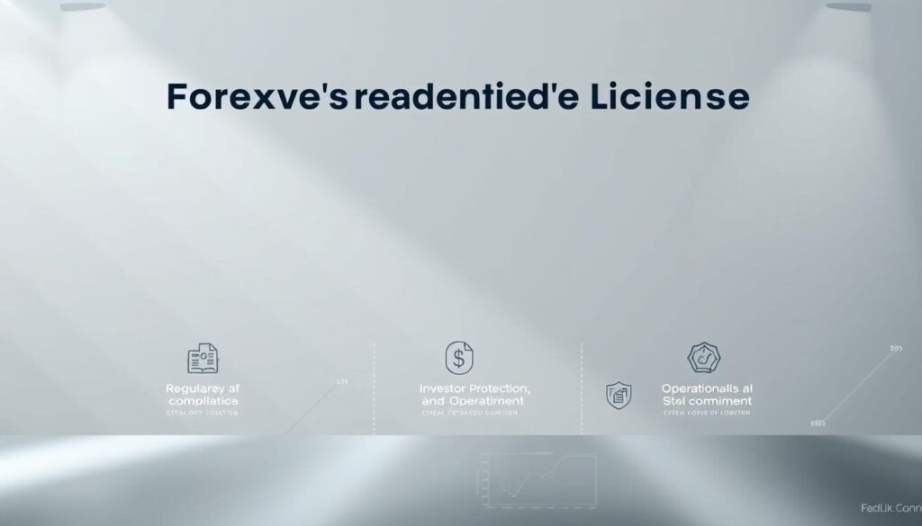 A modern, minimalist infographic depicting the key benefits of a forex trading license. A sleek, metallic-themed foreground showcases icons and data visualizations highlighting aspects like regulatory compliance, investor protection, and operational credibility. The middle ground features a clean, abstract background with subtle geometric patterns and a muted color palette. The lighting is soft and directional, emphasizing the solidity and professionalism of the licensed forex business. The overall mood is one of authority, trustworthiness, and a commitment to responsible financial practices.