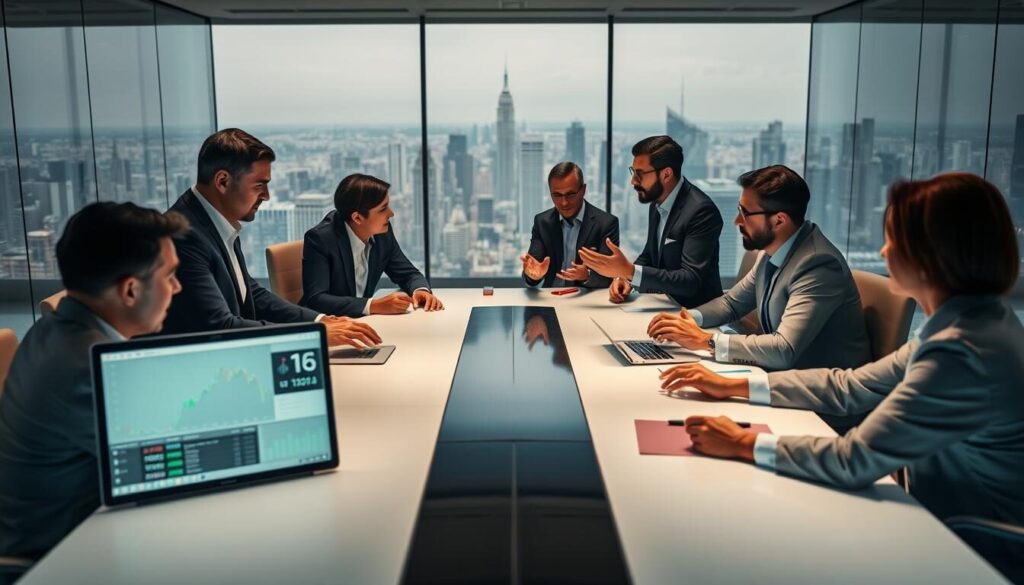 A modern, minimalist office setting featuring a group of brokers engaged in lively discussions around a sleek conference table. The lighting is soft and warm, creating a professional yet approachable atmosphere. In the foreground, three brokers are intently reviewing financial data on their high-resolution displays, their expressions focused and determined. In the middle ground, two other brokers are gesturing animatedly, debating the latest market trends. The background showcases a panoramic view of a bustling cityscape, hinting at the global scale of their operations. The overall scene conveys a sense of competitive yet collaborative pricing strategies, as the brokers work together to provide their clients with the most advantageous financial solutions.