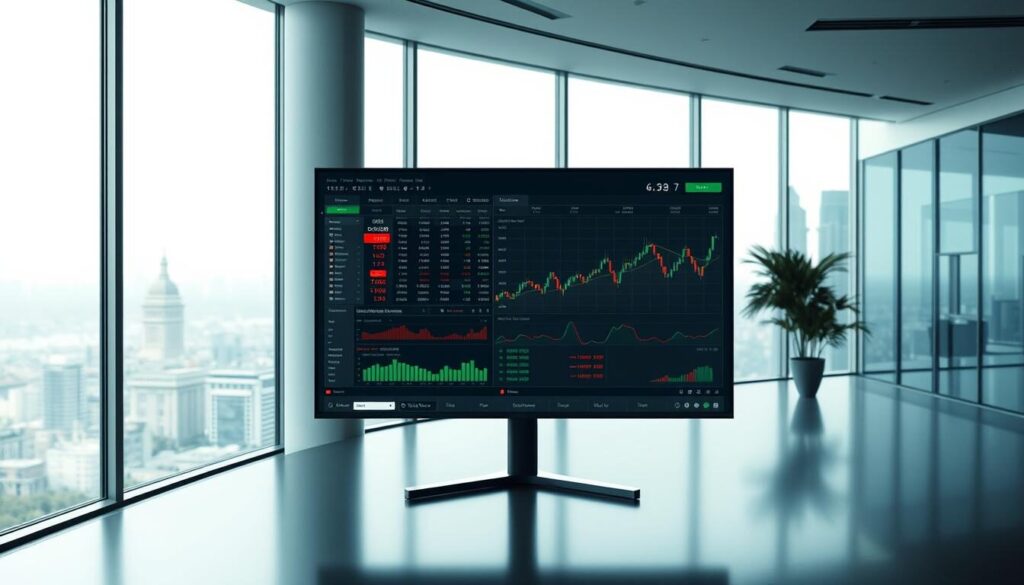 A modern, minimalist trading platform displayed on a large, high-resolution monitor. The platform features a clean, intuitive interface with real-time market data, charting tools, and order execution capabilities. The middle ground showcases various financial instruments such as currency pairs, stocks, and indices. In the background, a sleek, professional office environment with panoramic city views provides a sophisticated setting. The lighting is soft and balanced, creating a calm, focused atmosphere. The overall composition conveys a sense of technological advancement, efficiency, and the power of data-driven trading.