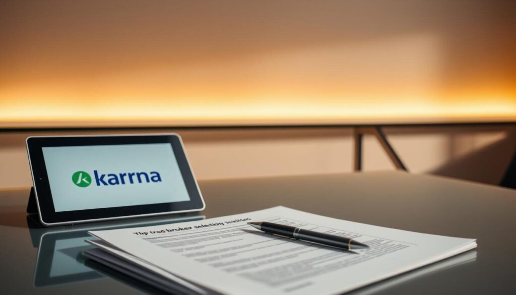 A modern, minimalist workspace with a sleek glass desk, a laptop, and a tablet displaying the Klarna logo. In the foreground, a stack of financial documents and a pen, symbolizing the broker selection process. Warm, directional lighting illuminates the scene, casting subtle shadows. The background features a muted gradient, allowing the key elements to stand out. The overall mood is professional, focused, and informative, reflecting the article's subject matter.