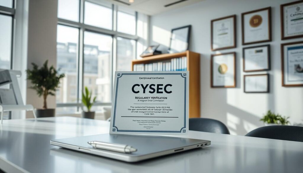 A modern office interior, filled with natural light streaming through large windows. In the foreground, a sleek, minimalist desk with a laptop, pen, and a CySEC (Cyprus Securities and Exchange Commission) regulatory verification certificate prominently displayed. Behind the desk, a neatly organized bookshelf showcases financial regulations and legal documents. The walls are adorned with framed certificates and awards, emphasizing the professional and reputable nature of the brokerage firm. The overall atmosphere exudes a sense of trust, compliance, and attention to detail, reflecting the importance of the CySEC regulatory environment.