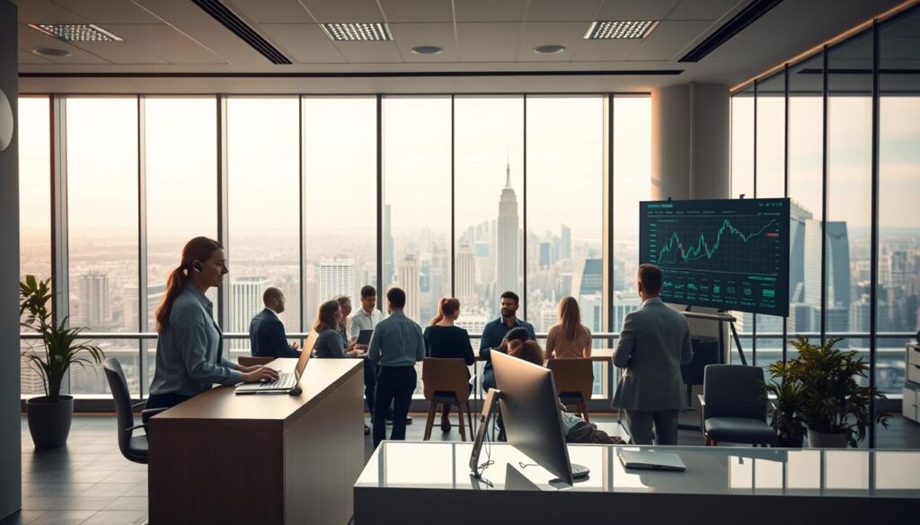 A modern office interior with a customer support desk in the foreground, featuring a friendly customer service representative assisting a client. The middle ground showcases a group of people engaged in a trading education seminar, with a large interactive display screen and the instructor guiding the participants. The background depicts a panoramic view of a bustling financial district, with skyscrapers and a cityscape visible through the large windows. The lighting is soft and warm, creating a professional yet approachable atmosphere. The overall scene conveys the seamless integration of customer support and educational resources within a thriving financial services environment.