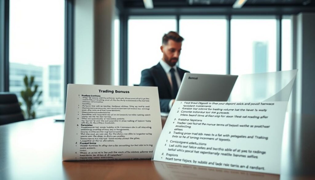 A modern office interior with a large desk and computer monitor showcasing various trading bonus terms and conditions. The foreground features a detailed document with bullet points outlining the key details of the bonus program, such as minimum deposit requirements, trading volume thresholds, and withdrawal restrictions. The middle ground includes a professional-looking businessman reviewing the document, conveying a sense of financial analysis and decision-making. The background depicts a sleek, minimalist workspace with large windows providing ample natural lighting, creating an atmosphere of professionalism and authority. The overall composition emphasizes the importance of understanding trading bonus terms and their implications for successful investment strategies.