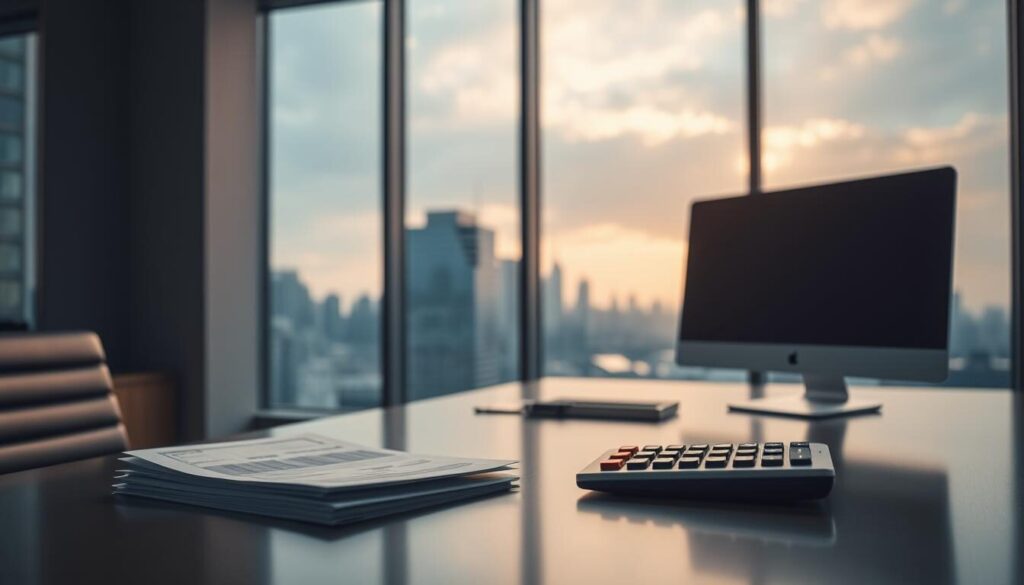 A modern office interior with a large desk and computer monitor. On the desk, a stack of financial documents and a calculator, representing the technical aspects of no-deposit bonus mechanics. In the background, a window overlooking a city skyline, symbolizing the wider financial landscape. Soft, warm lighting casts a professional, authoritative atmosphere. The scene conveys a sense of expertise and informed decision-making regarding the complexities of no-deposit bonus offers.