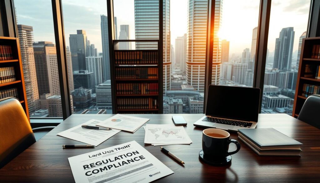 A modern office interior with a large window overlooking a bustling financial district. A executive-style desk sits in the foreground, adorned with regulation compliance documents, a laptop, and a cup of coffee. In the middle ground, a bookshelf displays legal volumes and financial reports. The background features a cityscape of high-rise buildings, with a warm, golden light filtering through the window, creating a professional and authoritative atmosphere. The lighting is soft and directional, accentuating the textures of the wood and paper. The composition is balanced and symmetrical, conveying a sense of order and control.