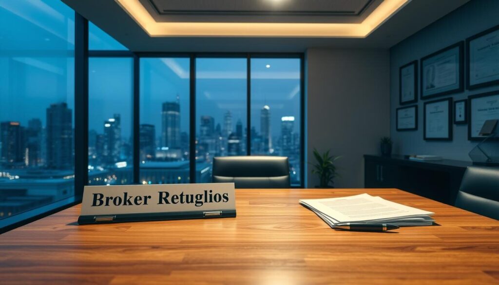 A modern office interior with a large window overlooking a cityscape. In the foreground, a wooden desk with a nameplate that reads "Broker Regulations". On the desk, a laptop, a stack of documents, and a pen. The walls are adorned with framed certificates and awards. Soft, directional lighting illuminates the scene, casting subtle shadows. The atmosphere conveys a sense of professionalism and attention to detail, reflecting the importance of broker regulations and compliance.