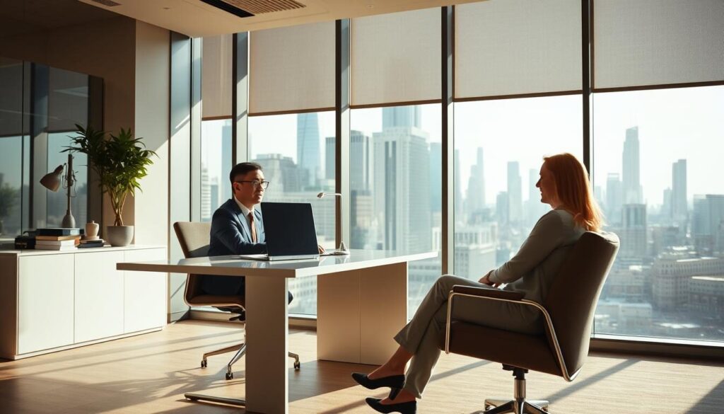 A modern office interior with a professional broker meeting with a client. The broker sits at a sleek, minimalist desk, while the client occupies a comfortable chair across from them. The lighting is warm and natural, filtering in through large windows that offer a view of a bustling city skyline in the background. The broker's demeanor is attentive and engaged, conveying a sense of trust and competence. The client appears relaxed and confident, indicating a positive communication dynamic. The scene evokes a atmosphere of productive collaboration and high-quality client service.