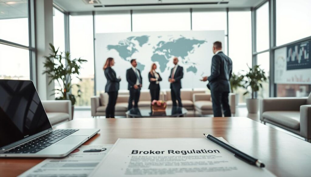 A modern office interior with sleek furniture and floor-to-ceiling windows, flooded with natural light. In the foreground, a desk features a laptop, a security certificate, and a document labeled "Broker Regulation". The middle ground showcases a group of business professionals in formal attire, engaged in a serious discussion. In the background, a world map and financial charts adorn the walls, conveying a sense of global regulation and compliance. The atmosphere is one of professionalism, transparency, and commitment to security in the financial services industry.
