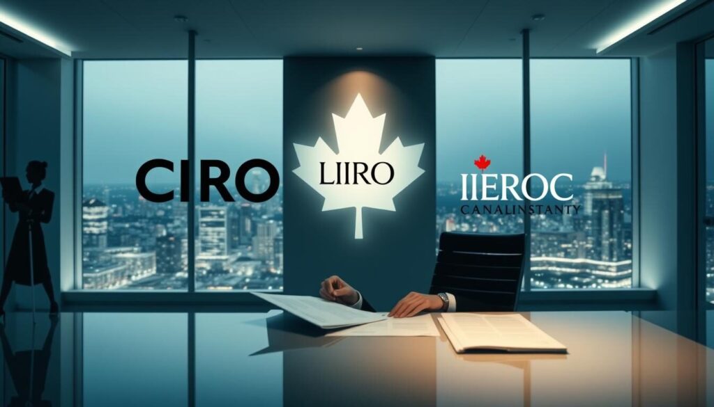 A modern office interior with sleek, minimalist design. In the foreground, a businesswoman in a formal suit sits at a desk, reviewing documents and regulations. Soft, diffused lighting illuminates the scene, creating a professional, authoritative atmosphere. The middle ground features prominent branding and logos for CIRO (Canadian Investor Relations Organization) and IIROC (Investment Industry Regulatory Organization of Canada), symbolizing the regulatory environment. The background showcases a panoramic view of a bustling city skyline, suggesting the broader financial landscape. The overall composition conveys a sense of compliance, oversight, and the rigorous standards governing the Canadian forex industry.