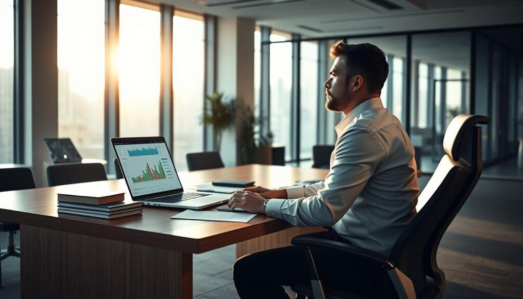 A modern office interior with sleek, minimalist furnishings. On a large, wooden desk, a laptop displays detailed financial charts and documents, reflecting the analysis of broker claims. Sunlight streams in through floor-to-ceiling windows, casting a warm, professional glow over the scene. A thoughtful analyst, dressed in a crisp, button-down shirt, leans back in an ergonomic chair, carefully reviewing the data. The atmosphere conveys a sense of diligence, precision, and the pursuit of truth amidst the complexities of the financial world.