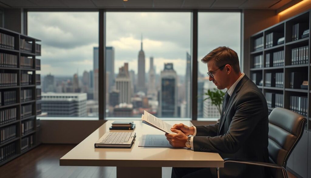 A modern office setting with a large window overlooking a bustling city skyline. In the foreground, a well-dressed professional sits at a sleek, minimalist desk, intently reviewing documents related to CFTC and NFA compliance. The lighting is soft and warm, creating a sense of productivity and focus. The middle ground features shelves lined with industry-relevant books and files, conveying a sense of expertise and attention to detail. In the background, the cityscape is visible through the window, hinting at the larger regulatory landscape within which the compliance work takes place. The overall atmosphere is one of diligence, expertise, and a commitment to upholding industry standards.
