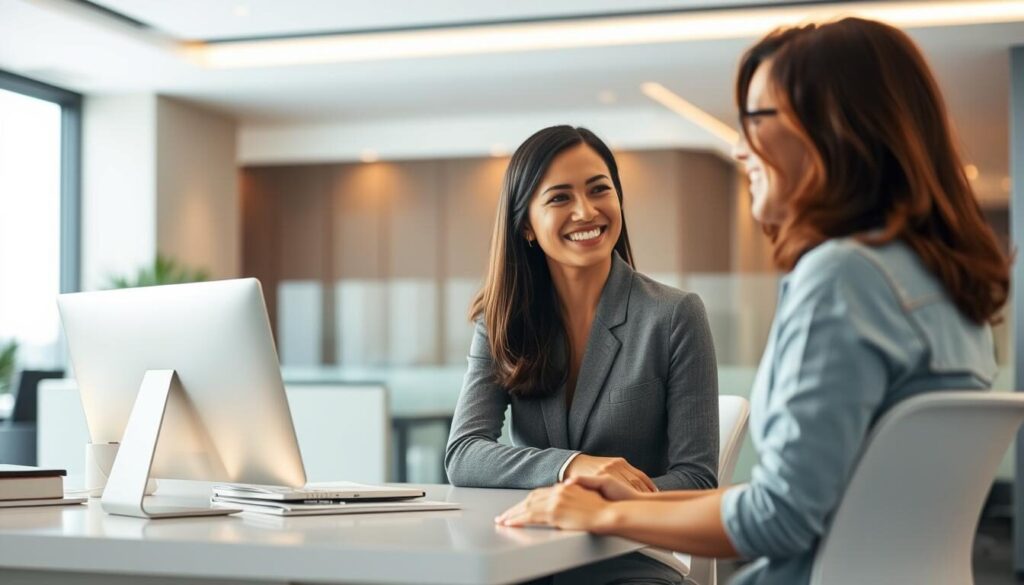 A modern office setting with a professional customer service representative engaged in a friendly, helpful conversation with a satisfied client. The representative sits at a sleek, minimalist desk, bathed in warm, diffused lighting that creates a welcoming atmosphere. The client, dressed casually, leans forward, their body language conveying an open and engaged demeanor. The background is softly blurred, emphasizing the focal point of the interaction. The overall scene radiates a sense of efficiency, attentiveness, and a customer-centric approach to financial services.