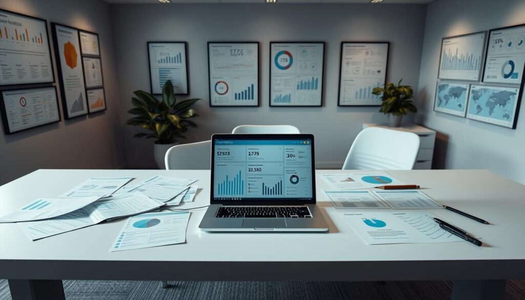 A modern office workspace with a sleek, minimalist aesthetic. On a large, well-lit desk, a laptop displays a dashboard of user reviews and performance analytics. Surrounding the laptop, a variety of physical documents, graphs, and charts provide deeper insights. The walls are adorned with framed infographics and data visualizations, conveying a sense of professionalism and attention to detail. Soft, directional lighting casts an aura of focus and concentration, while the overall composition suggests a thoughtful, data-driven approach to understanding customer sentiment and market performance.