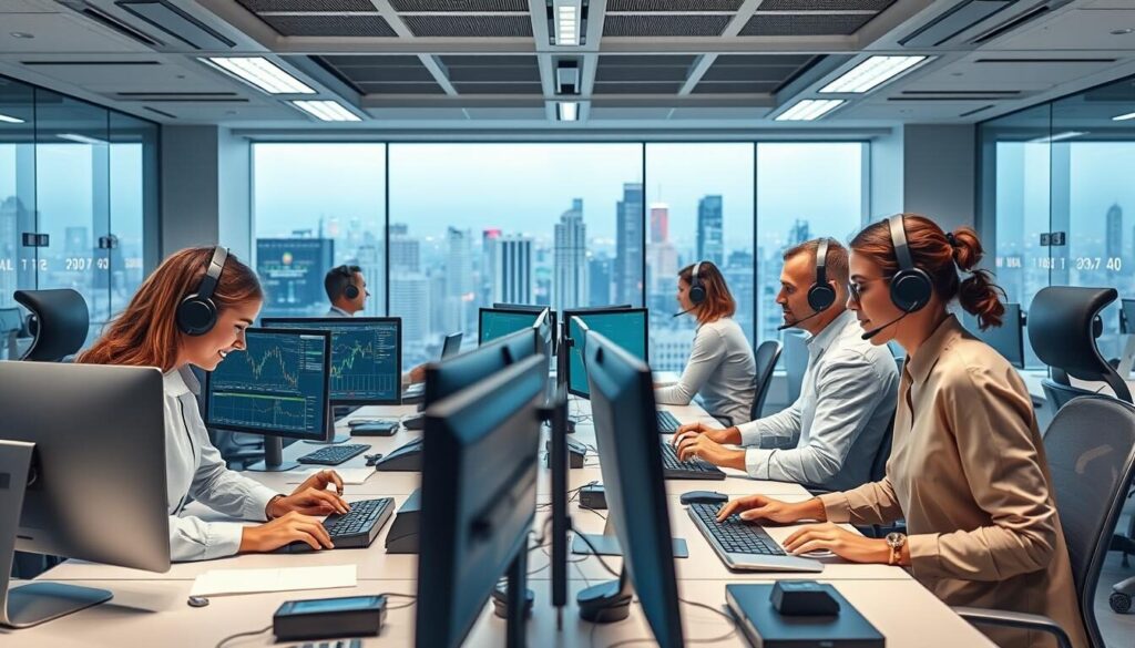 A modern, professional forex customer support office with well-lit workstations, ergonomic furniture, and a minimalist, streamlined aesthetic. In the foreground, customer service agents are assisting clients via phone, email, and live chat, their expressions projecting empathy and expertise. The middle ground showcases an array of digital displays and monitoring tools, conveying the technological sophistication that underpins effective forex support. In the background, a panoramic view of a bustling financial district sets the scene, hinting at the high-stakes world of currency trading that this support team serves. The overall mood is one of efficiency, reliability, and a customer-centric approach to forex brokerage.