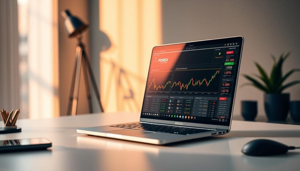 A modern, professional-looking forex trading platform displayed on a sleek laptop against a clean, minimalist office background. Warm, natural lighting casts a soft glow, highlighting the platform's intuitive interface with interactive charts, real-time market data, and easy-to-navigate menus. The laptop is positioned on a minimalist desk, accompanied by a mouse and stylish desk accessories, conveying a productive, focused work environment ideal for forex demo account practice. The overall tone is one of efficiency, simplicity, and the empowerment of financial education and skill-building.