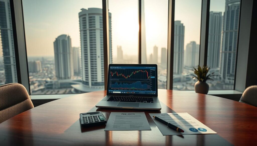 A modern, professional office interior with large windows overlooking the cityscape of Dubai. On a polished mahogany desk sits a laptop displaying a forex trading platform, alongside a calculator, pen, and documents detailing UAE forex account fees. Soft, directional lighting illuminates the scene, casting warm shadows and highlights. The atmosphere conveys a sense of financial acumen, attention to detail, and careful consideration of the key factors influencing forex broker selection in the UAE.