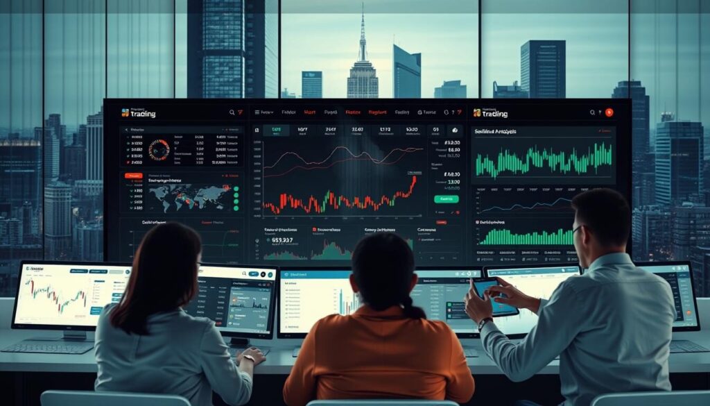 A modern, sleek and intuitive social trading platform set against a backdrop of financial data visualizations. In the foreground, a group of online traders collaborate, sharing insights and strategies using intuitive charting tools and social feeds. The middle ground features a dynamic dashboard with real-time market data, sentiment analysis, and personalized recommendations. The background showcases a city skyline, hinting at the global nature of the trading ecosystem. Lighting is crisp and minimalist, with a hint of warm tones to create an inviting, professional atmosphere. The composition is balanced, with clean lines and a fluid, user-centric design that reflects the innovative nature of the trading tools.