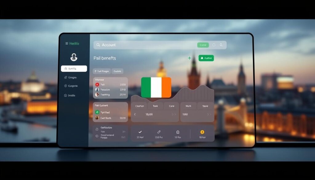 A modern, sleek digital banking platform with an intuitive user interface, showcasing the advantages of an EUR account for Irish customers. Vibrant and minimalist design, with clean lines, subtle gradients, and muted colors. In the foreground, a detailed illustration of an online banking dashboard, highlighting features like real-time transaction tracking, seamless currency conversion, and low-cost international transfers. In the middle ground, a stylized representation of the Irish flag, symbolizing the local benefits. The background features a blurred cityscape of Dublin, conveying a sense of financial security and global connectivity. Lighting is soft and diffused, creating a warm, inviting atmosphere.