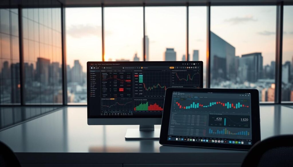 A modern, sleek forex trading platform with a clean, intuitive interface. The foreground displays a desktop computer screen showcasing real-time market data, currency pairs, and trading tools. In the middle ground, a tablet device shows various charting and analysis features. The background features a minimalist office setting with a large window overlooking a bustling city skyline, bathed in warm, natural lighting. The overall atmosphere conveys a sense of professionalism, efficiency, and technological sophistication, reflecting the cutting-edge nature of the trading platform.