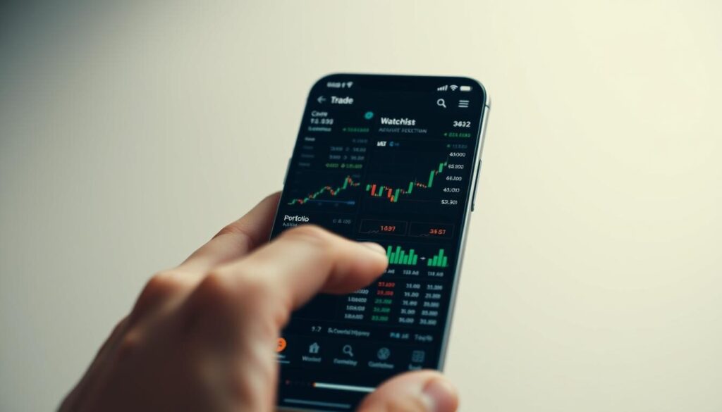 A modern, sleek mobile trading app interface displayed on a high-resolution smartphone screen. The app features intuitive charts, real-time market data, and streamlined order execution controls. The foreground shows a trader's hand interacting with the touchscreen, navigating the app's clean and uncluttered design. The middle ground showcases various technical indicators, watchlist, and portfolio overview. The background blurs into a minimalist gradient, emphasizing the app's focus and user experience. Soft, directional lighting creates depth and highlights the app's refined aesthetics. The overall mood is one of efficient, on-the-go trading powered by a user-friendly mobile platform.