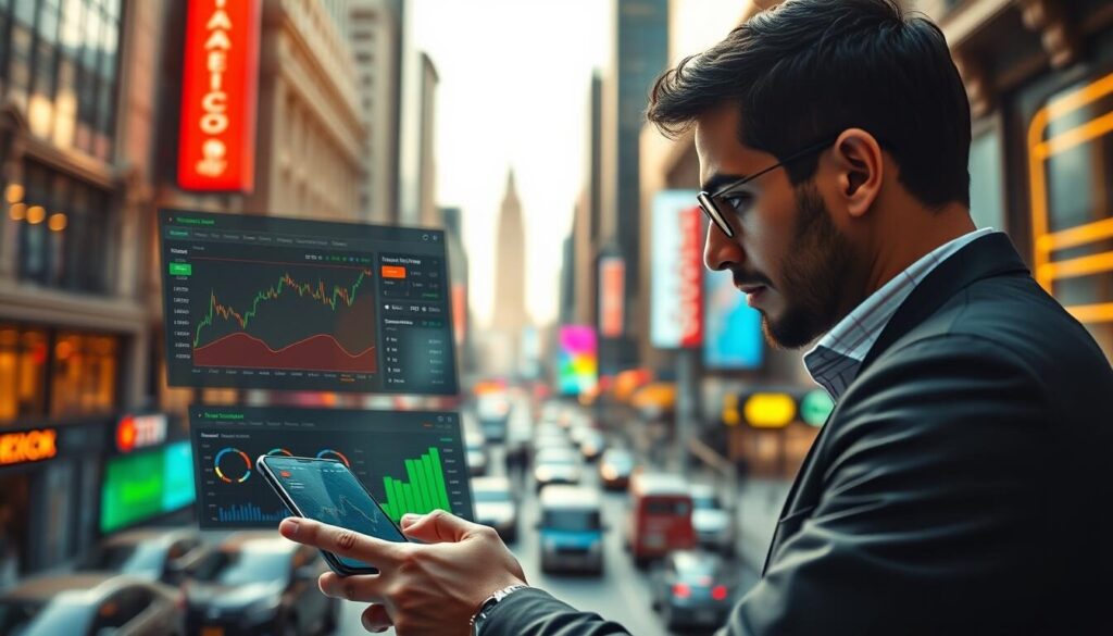 A modern, sleek mobile trading platform interface featuring a clean, intuitive dashboard. The display shows real-time financial data, market charts, and trading tools against a backdrop of bustling Mexico City. Warm, natural lighting casts a vibrant glow, capturing the dynamic energy of the financial district. The user interacts with the platform through a high-resolution touch screen, showcasing the advanced technological capabilities. In the foreground, a professional trader closely monitors the market, making informed decisions to capitalize on emerging opportunities. The overall atmosphere conveys confidence, efficiency, and the thrill of successful trading in the Mexican financial landscape.