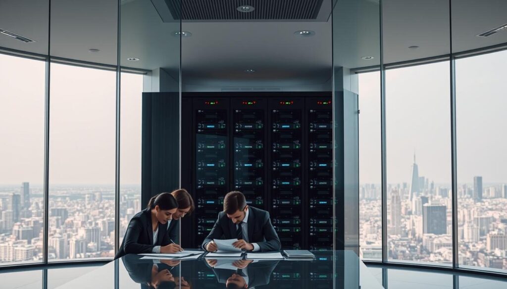 A modern, sleek office interior with a large, reinforced glass wall dividing the space. In the foreground, a team of financial professionals in formal attire gathered around a table, scrutinizing digital documents and security protocols. The middle ground features a sophisticated server rack system, its blinking lights and cooling fans symbolizing the robust cybersecurity infrastructure. The background showcases a panoramic city skyline, hinting at the global reach and regulatory compliance of the brokerage firm. Soft, directional lighting casts a professional, authoritative ambiance, while the overall composition conveys a sense of transparency, security, and diligence.