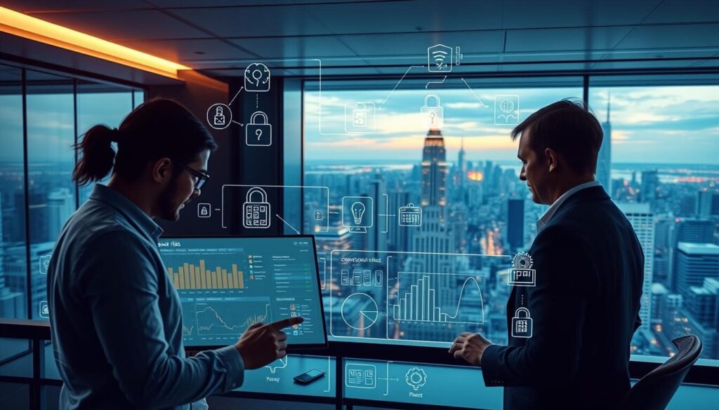A modern, sleek office setting, showcasing a range of operational risk solutions. In the foreground, a team of professionals collaborating on a touchscreen dashboard, analyzing real-time data and metrics. The middle ground features an array of digital security measures, with firewalls, encryption protocols, and intrusion detection systems prominently displayed. In the background, a panoramic view of a bustling city skyline, symbolizing the fast-paced, global nature of the forex brokerage industry. Soft, warm lighting illuminates the scene, creating a sense of professionalism and technological sophistication. The overall atmosphere conveys a seamless integration of people, processes, and technology in mitigating operational risks.
