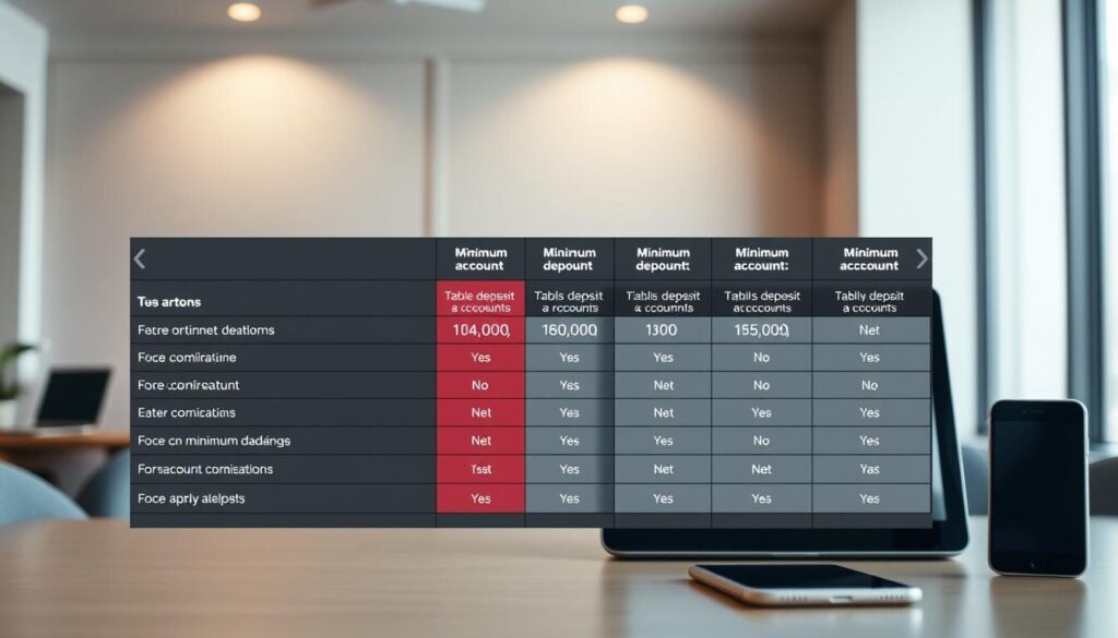 A modern, sleek trading account comparison chart set against a neutral office backdrop. The foreground features a clean, minimalist display showcasing various account types, their minimum deposits, and key features in an easy-to-digest tabular format. The middle ground includes a laptop, tablet, and smartphone, depicting the digital nature of trading platforms. The background has soft, indirect lighting, giving an professional, authoritative tone. The overall composition conveys a sense of informed decision-making, with the account details clearly visible and easy to compare.