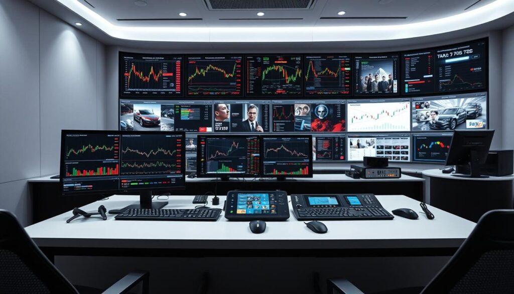 A modern, sleek trading desk with a variety of advanced algorithmic trading tools and displays. In the foreground, a dual-monitor setup showcases real-time market data, trading indicators, and strategy visualizations. The middle ground features an array of touchscreen terminals, programmable keyboards, and a high-precision mouse for seamless control. In the background, a large curved display wall presents comprehensive market analysis dashboards and live video feeds. Soft ambient lighting and a minimalist, monochromatic color scheme create a focused, professional atmosphere conducive to making informed, data-driven trading decisions.