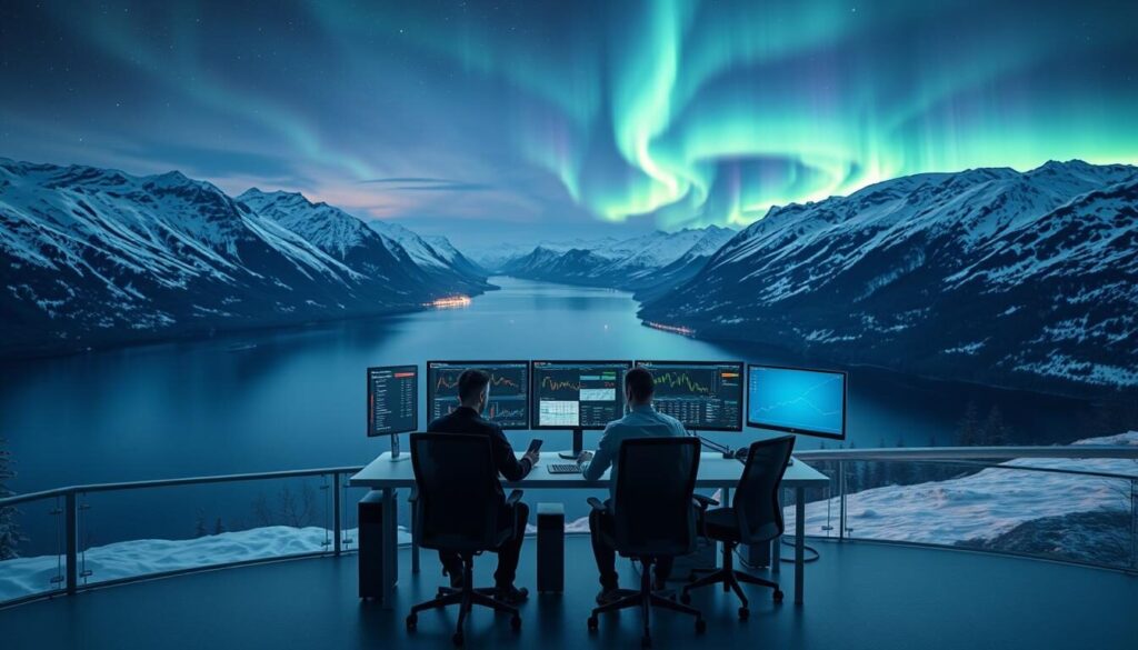 A modern, sleek trading platform set against the breathtaking backdrop of Norway's majestic fjords and snow-capped mountains. In the foreground, a clean, intuitive user interface with customizable charts, real-time data feeds, and advanced analytical tools. The mid-ground features a team of traders collaborating on a multi-screen workstation, immersed in the dynamic flow of the markets. In the background, the Aurora Borealis dances across the night sky, lending an air of innovation and technological prowess to the scene. Crisp, high-contrast lighting accentuates the precision and efficiency of the trading environment, creating a sense of power and control. An image that captures the essence of Norway's leading edge in financial technology and the future of sophisticated, cutting-edge trading.