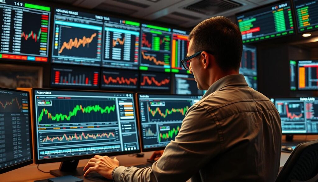A modern, sleek trading platform with a clean, intuitive interface. Prominently featured are high-resolution charts, real-time market data, and advanced analytical tools. In the foreground, a user interacts with the platform, deftly navigating the various menus and dashboards. The middle ground showcases the platform's automation features, with algorithmic trading strategies and risk management systems. The background depicts a dynamic, data-rich environment, with financial information and news feeds displayed across multiple screens. Warm, muted lighting creates a professional, focused atmosphere, while the overall composition conveys a sense of power, efficiency, and technological sophistication.