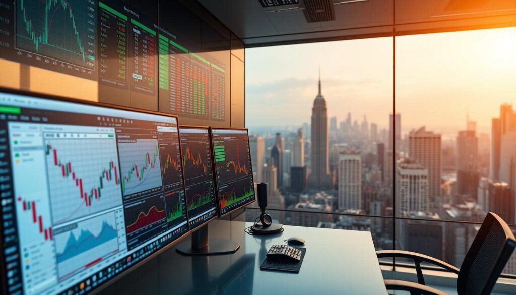A modern, sleek trading platform with a clean, intuitive user interface showcasing real-time market data, advanced charting tools, and intuitive order management capabilities. The platform is bathed in a warm, professional lighting, creating a sense of sophistication and reliability. In the foreground, various technical indicators and trading signals are displayed on high-resolution monitors, while in the background, a panoramic view of a bustling financial district provides a sense of scale and context. The overall atmosphere conveys a seamless, technologically-driven trading experience that caters to the needs of seasoned forex traders and novice investors alike.