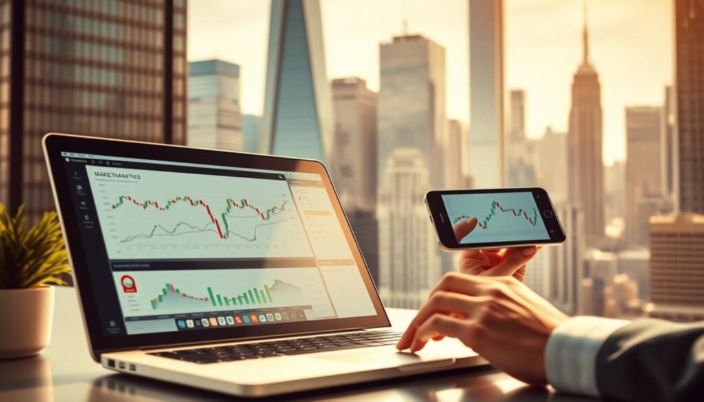 A modern, sleek trading platform with a clean, minimalist user interface. In the foreground, a laptop screen displays real-time market data and trading tools, with a user's hand interacting with the interface. In the middle ground, a tablet or mobile device showcases the platform's mobile app, highlighting its responsiveness and cross-device functionality. The background features a cityscape of towering skyscrapers, symbolizing the high-stakes world of global finance. Warm, natural lighting creates a sense of professionalism and sophistication, while the overall composition conveys efficiency, organization, and the seamless integration of technology in the trading experience.