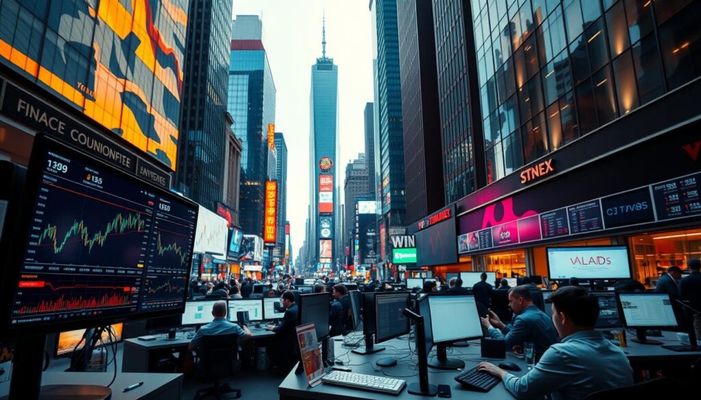 A modern, state-of-the-art trading platform interface dominates the foreground, showcasing customizable dashboards, advanced charting tools, and intuitive order management systems. In the middle ground, traders huddle around their workstations, intently studying real-time market data and executing trades with precision. The background reveals a bustling financial district, with towering skyscrapers, neon-lit signage, and the pulsing energy of a global financial hub. Warm, directional lighting illuminates the scene, creating a sense of focus and professionalism. The overall atmosphere conveys the high-stakes, technology-driven world of online trading, where savvy investors leverage powerful platforms to navigate the complexities of the financial markets.