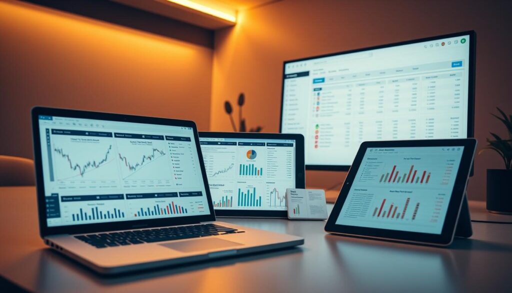 A modern, streamlined workspace showcases a collection of broker comparison tools. In the foreground, a sleek laptop displays side-by-side evaluations of various forex brokers, with intuitive graphs and charts highlighting key features. The middle ground features a tablet displaying comprehensive broker profiles, allowing for detailed comparisons. In the background, a large monitor displays a clean, minimalist interface with customizable filters and sorting options, empowering the user to make informed decisions. Warm, indirect lighting bathes the scene, creating a professional, analytical atmosphere. The overall composition conveys the efficiency and clarity of leveraging sophisticated broker comparison resources.