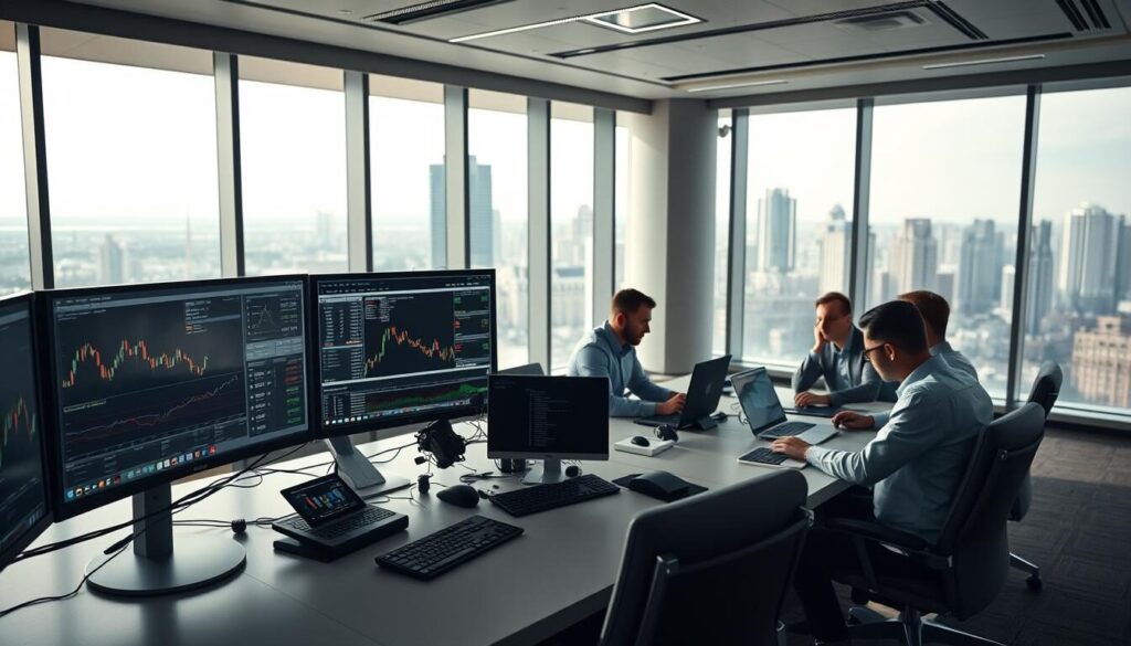 A modern trading desk set in a sleek, minimalist office. In the foreground, a trader intently monitors multiple high-resolution displays, tracking real-time forex market data. In the middle ground, a team of analysts review complex algorithms and trading strategies on their laptops, collaborating to optimize the firm's b-book model. The background features floor-to-ceiling windows, bathing the room in soft, natural light and offering a panoramic view of the bustling city skyline. The atmosphere is one of focused intensity, where cutting-edge technology and human expertise converge to navigate the dynamic forex landscape.